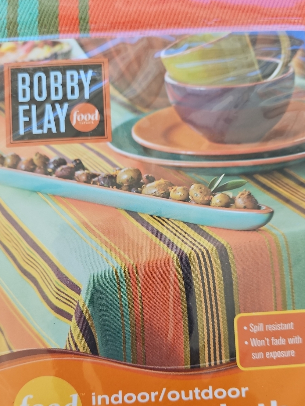NEW IN PACKAGE Bobby Flay  Green & Coral Striped Indoor/Outdoor Tablecloth 60X84